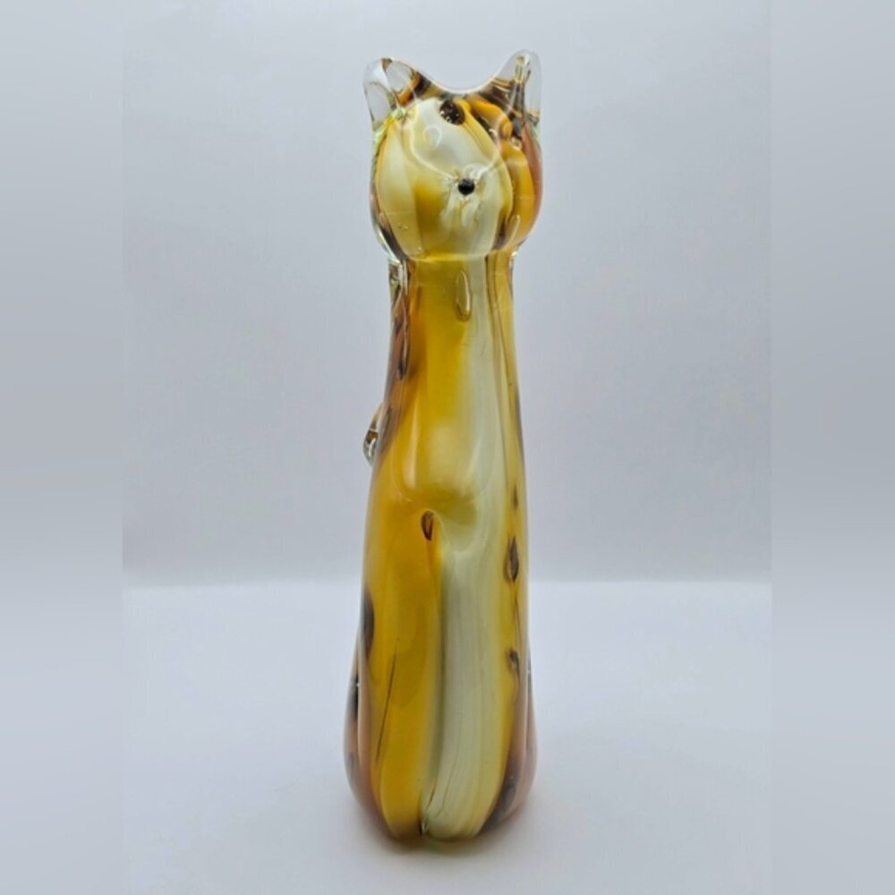 Vintage 10" Blown Art Glass MCM Cat Figure Amber Leopard Spots - Picture 2 of 8
